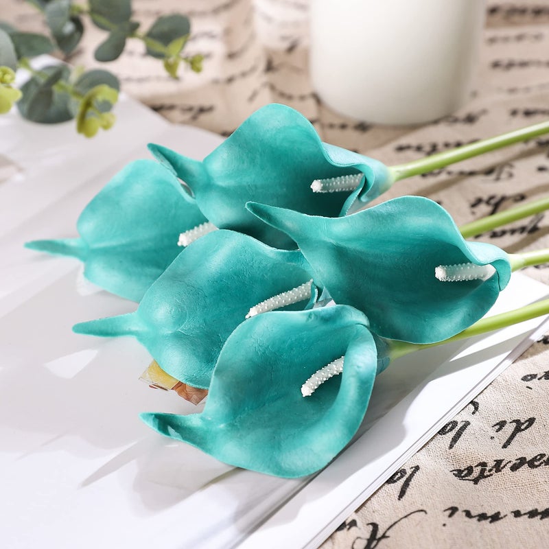 Duovlo 20pcs Calla Lily Bridal Wedding Bouquet Lataex Real Touch Artificial Flower Home Party Decor (Peacock Blue) - Image 4