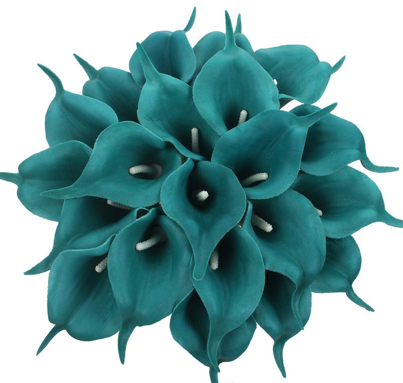 Duovlo 20pcs Calla Lily Bridal Wedding Bouquet Lataex Real Touch Artificial Flower Home Party Decor (Peacock Blue) - Image 1
