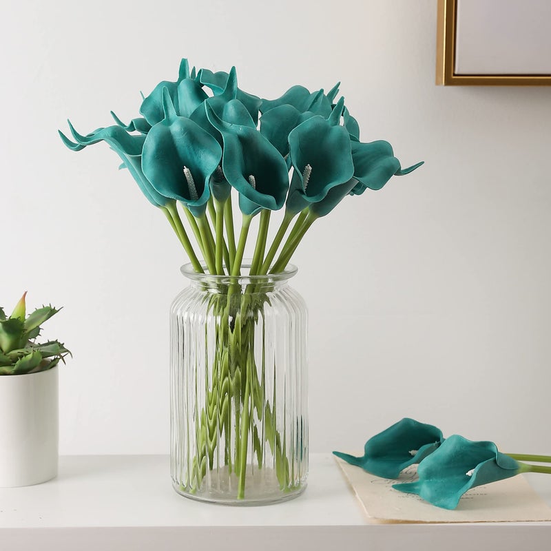 Duovlo 20pcs Calla Lily Bridal Wedding Bouquet Lataex Real Touch Artificial Flower Home Party Decor (Peacock Blue) - Image 5