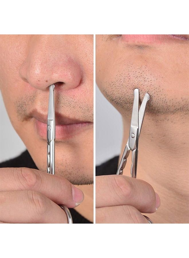 HANTEKAS Professional Stainless Steel Curved and Rounded Facial Hair Scissors Tweezers Set For Men - Moustache, Nose Hair, Beard Trimming Scissors,Safety Use for Eyebrows,Eyelashes,Ear Hair - PU Leather Bag