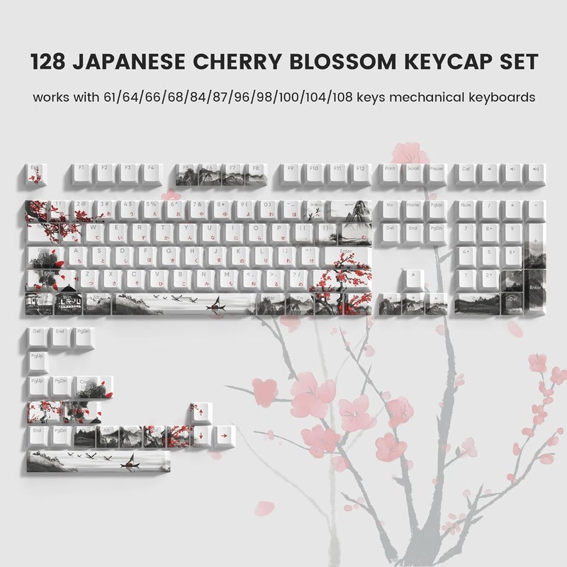 COSTOM Womier PBT Keycaps, Custom White Japanese Keyboard Keycaps, Cherry Profile, Doubleshot Side Print, 127 Keys, Cherry Blossom Pattern, Compatible with Anne Pro 2, TKL RK68, RK84, etc. - Image 2
