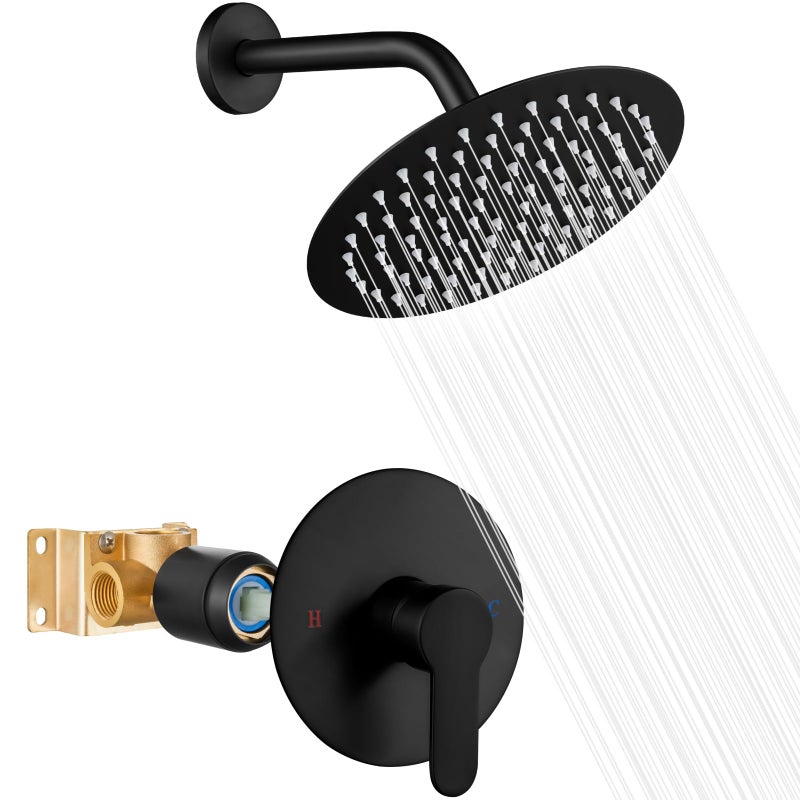 Heyalan Shower Faucet Set with Valve Kit,8 Inch Bathroom Rainfall Shower Head and Handle Set System Trim Kit,Female Thread Valve Single Function,Matte Black - Image 1