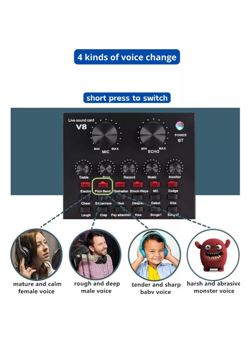 V8 Podcast Live Sound Card, Multiple Sound Effects Voice Changing Mini Sound Mixer Board for Live Streaming Home KTV Singing