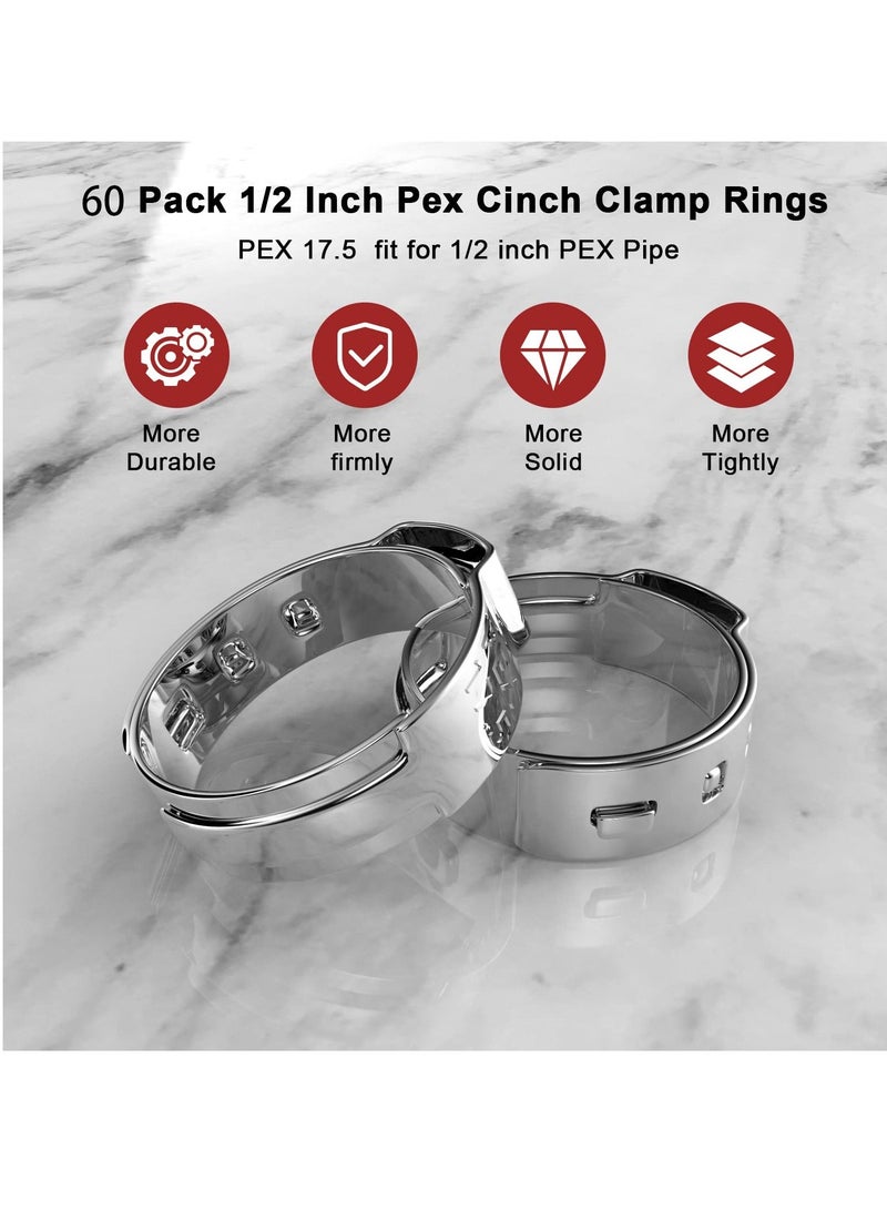 60 Pack 0.5 Inch PEX Cinch Clamps, Premium 304 Stainless Steel PEX Crimp Rings, Secure PEX Tubing Pipe Fittings Connection, PEX Fitting Clamps Pinch Ring - Image 4