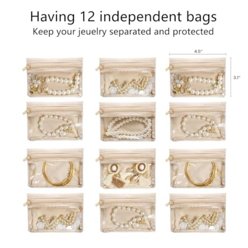 Jewelry Organizer Travel Case, PU Leather 12 Zipper Velvet Bags for Women, Valentine's Day Marriage Birthday Gift, Creamy White Jewelry Box for Girls - Image 2