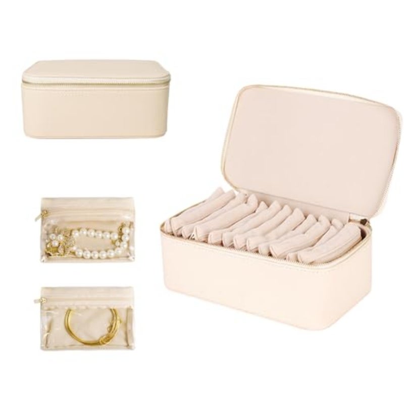 Jewelry Organizer Travel Case, PU Leather 12 Zipper Velvet Bags for Women, Valentine's Day Marriage Birthday Gift, Creamy White Jewelry Box for Girls - Image 1