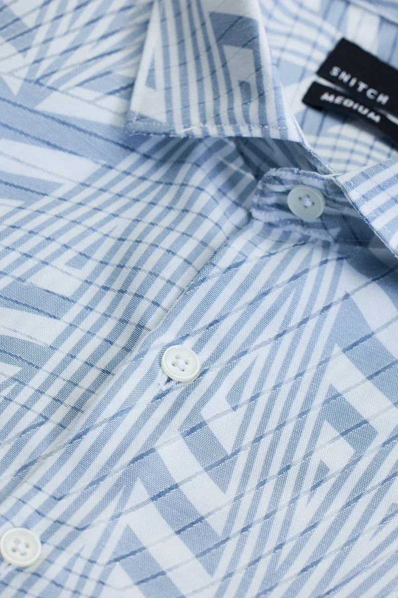 سنيتش Blue Abstract Long Sleeve Slim Fit Casual Shirt