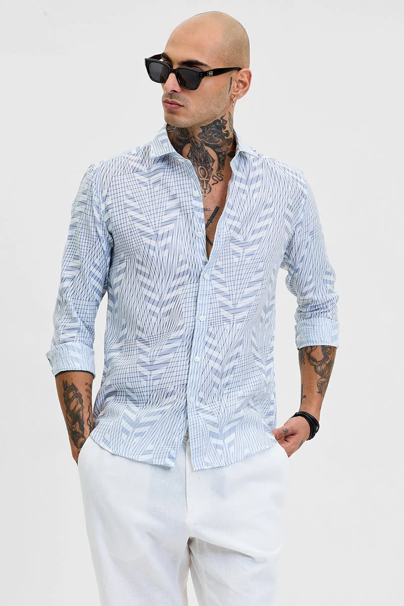 سنيتش Blue Abstract Long Sleeve Slim Fit Casual Shirt