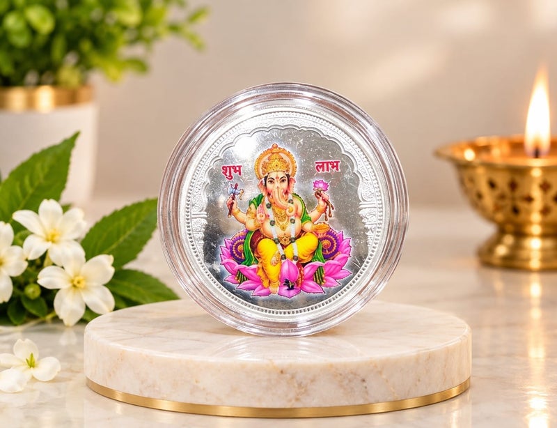 KHUSHBOO JEWELS 10G 999 FINE PURE SILVER GANESHA COLOURED COIN - Image 1
