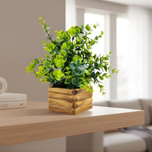 fancymart Artificial Plant Eucalyptus Leaves in Wooden Pot Perfect Potted Decoration for Home Living Room & Office Spaces Height - 29cm… - Image 1