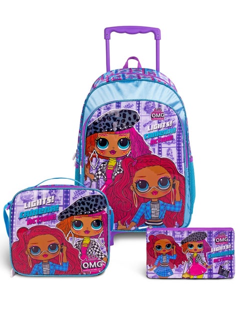 LOL-OMG  18 Inch Kids 3-in-1 Trolley School Bag Set - Ergonomic Backpack, Insulated Lunch Bag & Pencil Case,Lightweight, Durable, Students 6+ - Perfect for Travel & School,For Girls