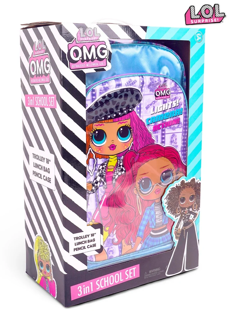 MGA LOL-OMG  18 Inch Kids 3-in-1 Trolley School Bag Set - Ergonomic Backpack, Insulated Lunch Bag & Pencil Case,Lightweight, Durable, Students 6+ - Perfect for Travel & School,For Girls