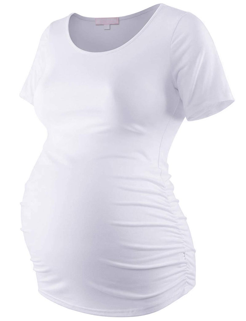 Bhome Maternity Shirt Basic Top Ruched Pregnancy Tshirt White L