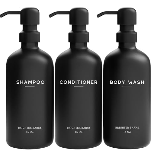 Black Shampoo and Conditioner Dispenser Set by Brighter Barns Refillable Plastic Shower Soap Dispensers for Bathroom Body Wash Shampoo Bottles Modern Bathroom Decor for Hotel Airbnb Black