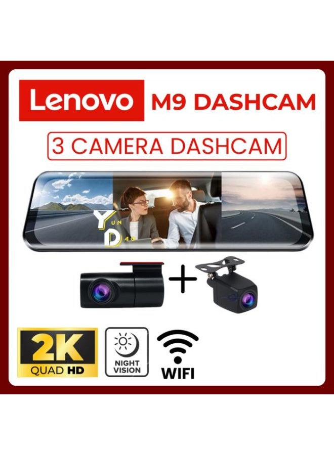 Lenovo M9 Mirror Rearview Dash Cam 3 Channel HD Recording, IPS Touch Screen, Dual HDR, WiFi, G-Sensor, Time Lapse, Super Capacitor, Parking Monitor, Supports Up to 128GB (Card Not Included) - Image 1