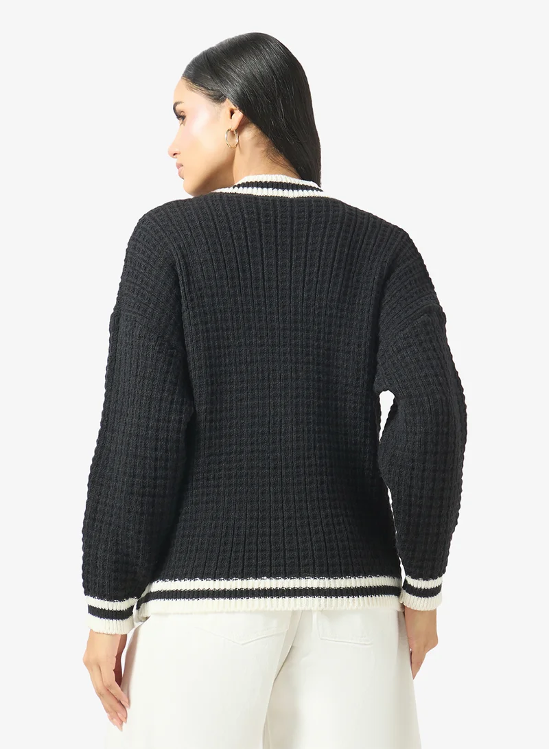 Ginger Varsity Style Button Up Cardigan with Contrast Trim