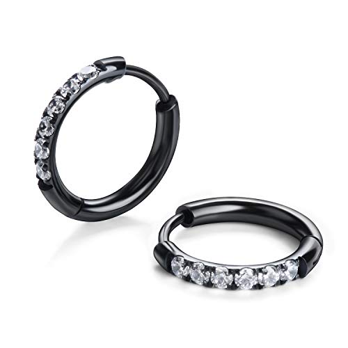 showself Black Hoop Earrings, 18G Stainless Steel Cartilage Earring Endless Hoop Earring for Women Men CZ Huggie Hoop Earring for Helix Tragus Snug Daith Rook Piercing Hypoallergenic Sleeper Earring - Image 1
