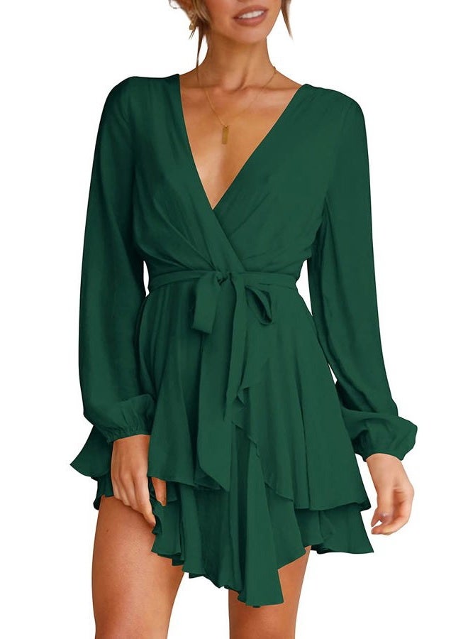 Cosonsen Womens Cute Swing Dress Deep V-Neck Long Sleeve Tie Waist Ruffle Dress Green XXL, Dark Green, XXL - Image 1