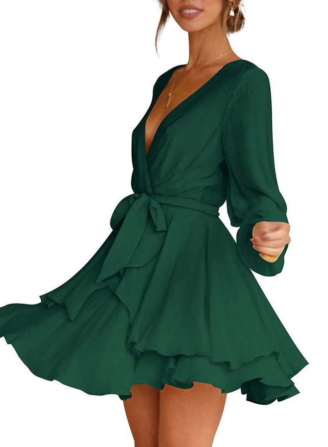 Cosonsen Womens Cute Swing Dress Deep V-Neck Long Sleeve Tie Waist Ruffle Dress Green XXL, Dark Green, XXL - Image 2