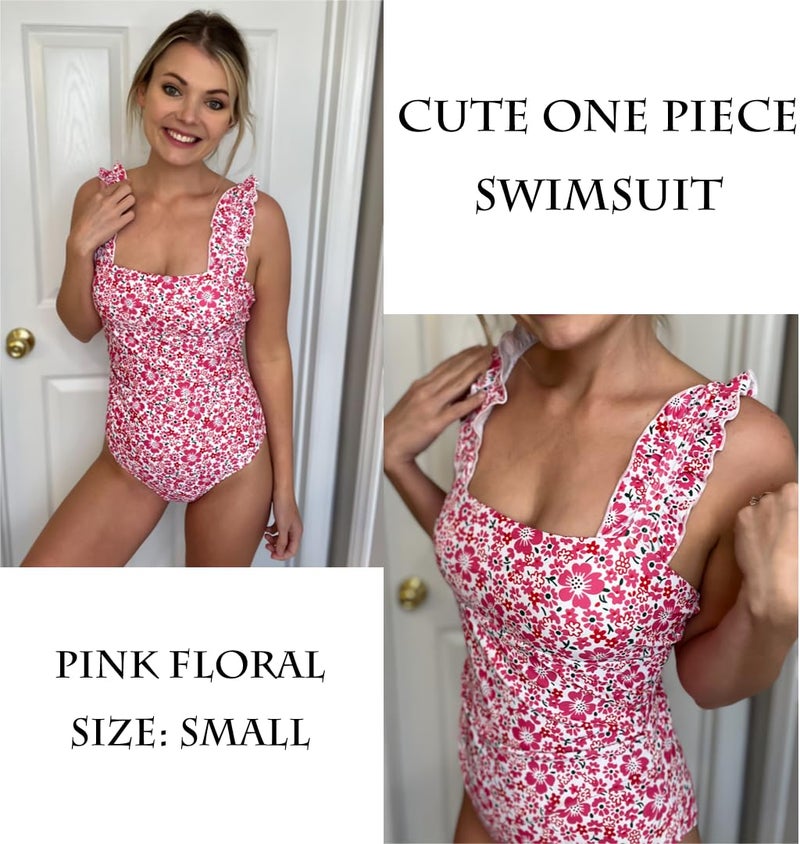 Ekouaer Women's One Piece Swimsuits Square Neck Tummy Control Bathing Suit with Adjustable Ruffled Straps Swimwear Small, Pink Floral - Image 4