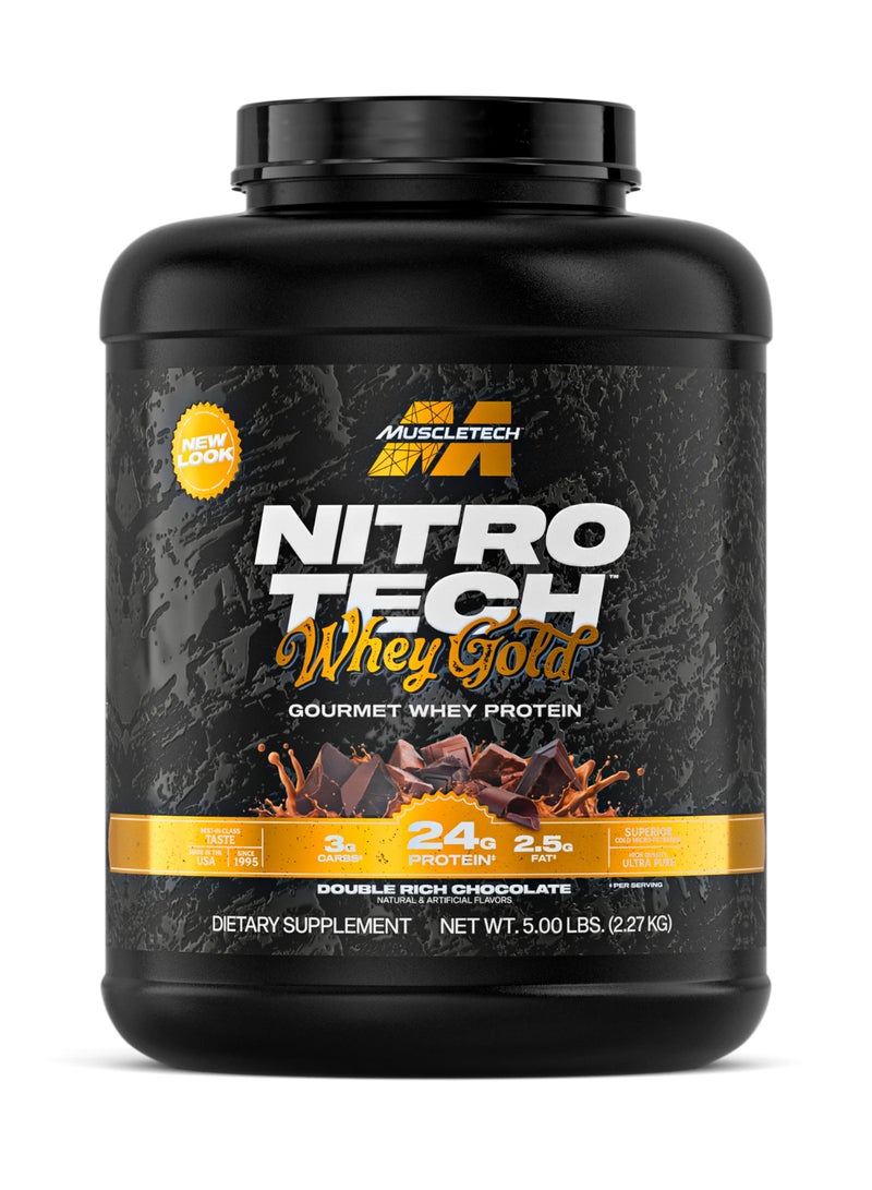 ماسل تيك نيترو-تيك واي جولد بروتين مصل اللبن - مظهر جديد - 24 جرام بروتين، 5.4 جرام BCAAs - شوكولاتة غنية مزدوجة بنكهتين طبيعية وصناعية، مكمل غذائي، الوزن الصافي 5.00 رطل (2.27 كجم) - Image 1