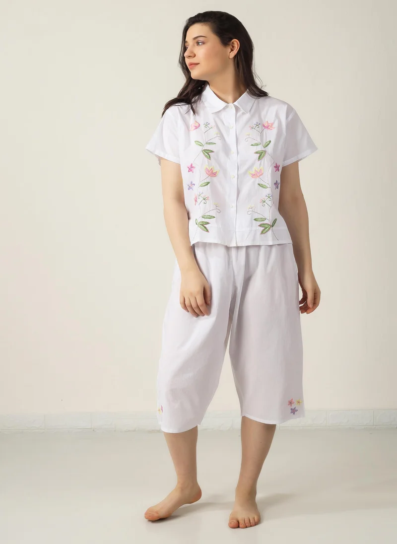 After Dark Blossom, Embroidered Cotton Pyjama Set