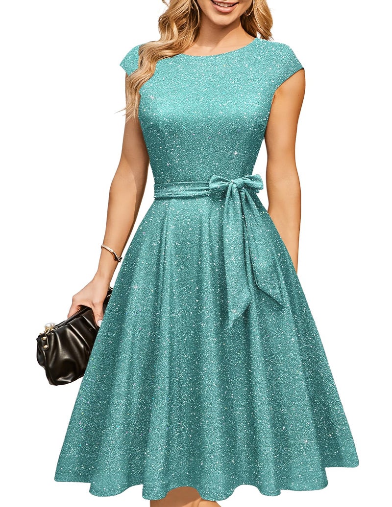 DRESSTELLS Cocktail Party Dresses for Women Formal Wedding Guest Sequin Sparkly Aline Fancy Knee Length Prom Gala Evening Dress Glitter LightBlue L - Image 1