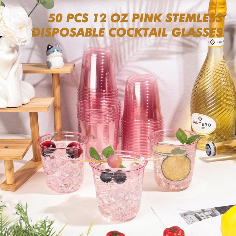 KesaPlan 50 Pcs Pink Plastic Cups 12oz Disposable Stemless Wine Glasses for Cocktail Cute Clear Cocktail Wine Glasses Pink Party Cups for Meeting Wedding Christmas Holiday Party - Image 3
