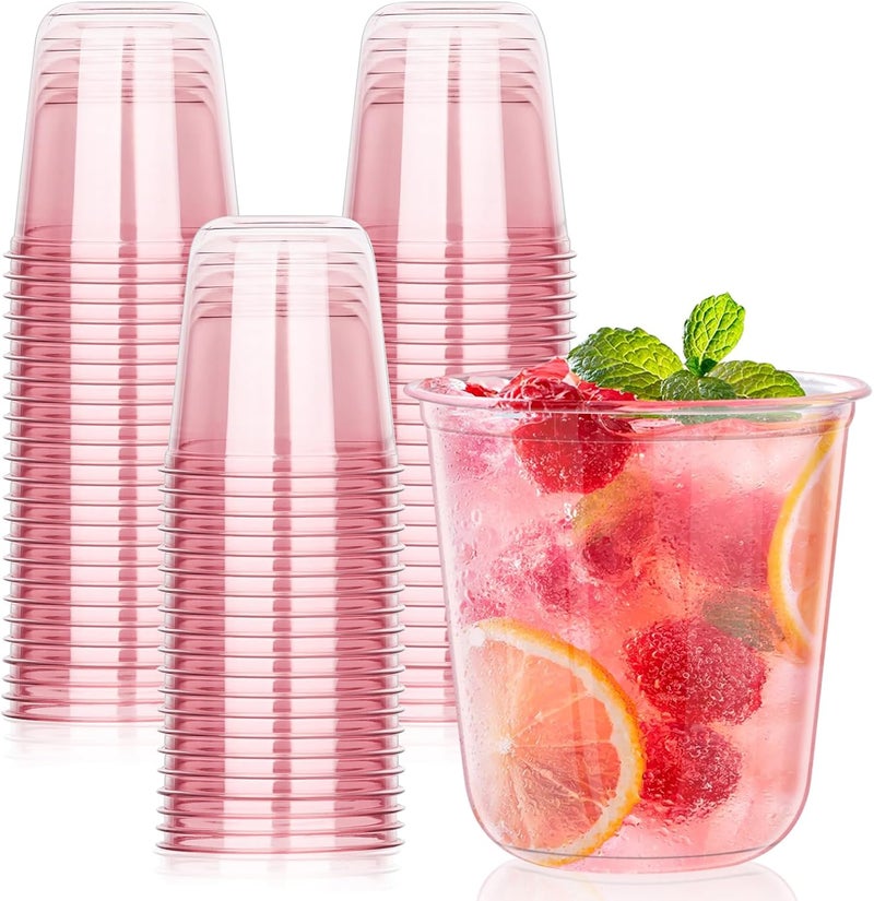 KesaPlan 50 Pcs Pink Plastic Cups 12oz Disposable Stemless Wine Glasses for Cocktail Cute Clear Cocktail Wine Glasses Pink Party Cups for Meeting Wedding Christmas Holiday Party - Image 1