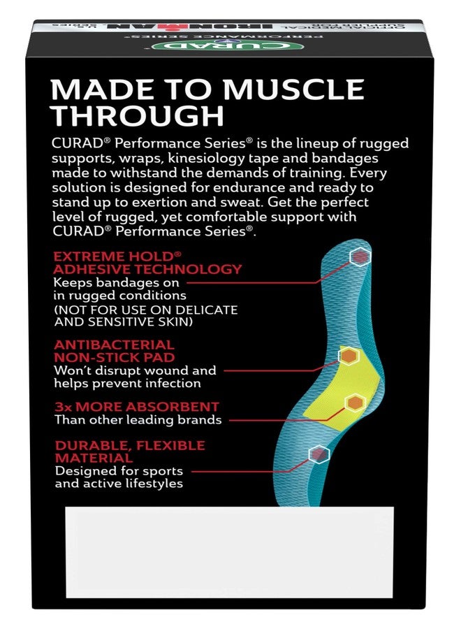CURAD Performance Series IRONMAN Antibacterial Bandages, Extreme Hold Adhesive Technology, Standard Size Flexible Fabric Bandages for Cuts, Scrapes, & Burns, Assorted Colors, 1 x 3.25 inches, 20 Count - Image 3