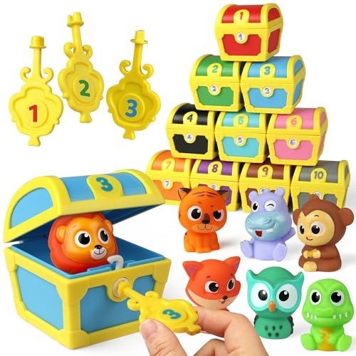 Coogam Fine Motor Skill Toys for Toddlers, 10pcs Surprise Animals Finger Puppets Treasure with Number Locks, Matching Color Sorting Pirate Hunt Game, Learning Montessori Gift for 3 4 5 Year Old - Image 1