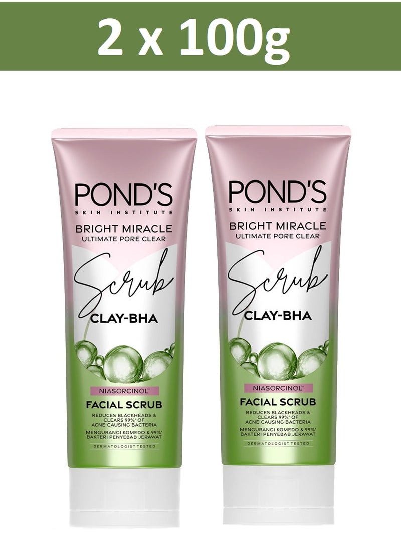 Pond's Bright Miracle Ultimate Pore Clear Scrub CLAY-BHA Niasorcinol Facial Scrub Reduces Blackheads & Clears 99% Of Acne-causing Bacteria 100g X 2  - Image 1