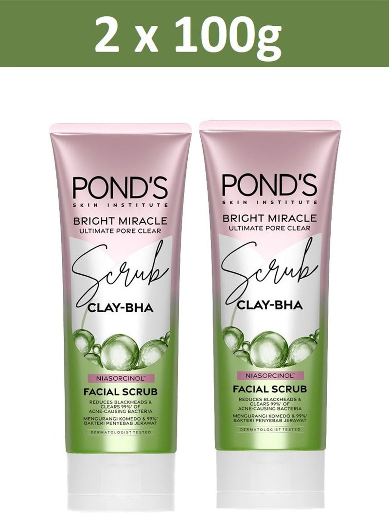 Pond's Bright Miracle Ultimate Pore Clear Scrub CLAY-BHA Niasorcinol Facial Scrub Reduces Blackheads & Clears 99% Of Acne-causing Bacteria 100g X 2 - Image 2