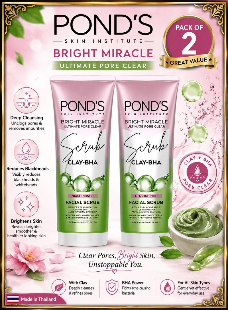 Pond's Bright Miracle Ultimate Pore Clear Scrub CLAY-BHA Niasorcinol Facial Scrub Reduces Blackheads & Clears 99% Of Acne-causing Bacteria 100g X 2 - Image 1