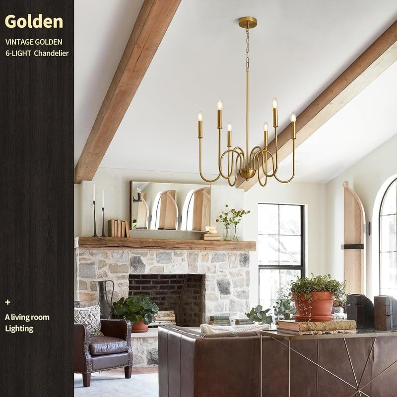 WOKE Modern Adjustable Height Chandelier Light Fixture, Gold, 6 Candle Style Lights, Suitable for Bedroom, Living Room, Dining Room or Hallway (Bulb not Included) - Image 4