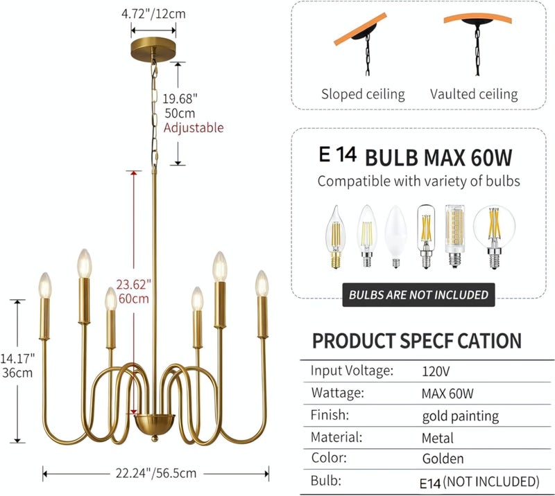WOKE Modern Adjustable Height Chandelier Light Fixture, Gold, 6 Candle Style Lights, Suitable for Bedroom, Living Room, Dining Room or Hallway (Bulb not Included) - Image 5