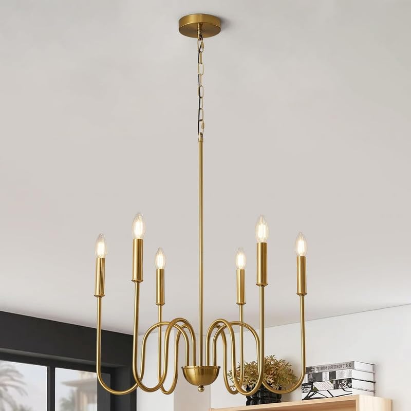WOKE Modern Adjustable Height Chandelier Light Fixture, Gold, 6 Candle Style Lights, Suitable for Bedroom, Living Room, Dining Room or Hallway (Bulb not Included) - Image 1