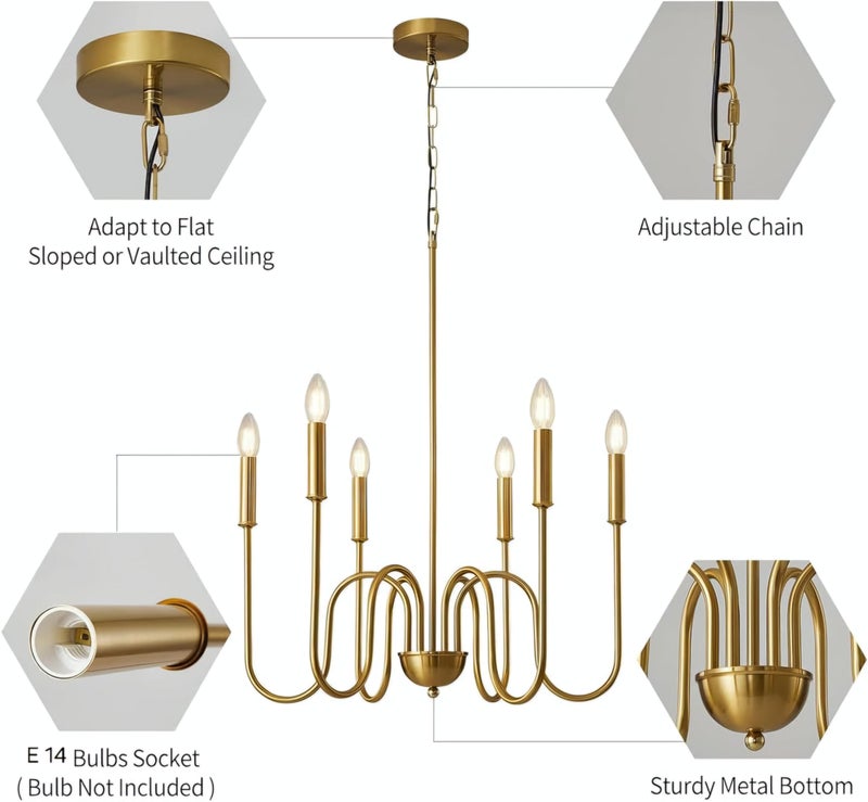 WOKE Modern Adjustable Height Chandelier Light Fixture, Gold, 6 Candle Style Lights, Suitable for Bedroom, Living Room, Dining Room or Hallway (Bulb not Included) - Image 3