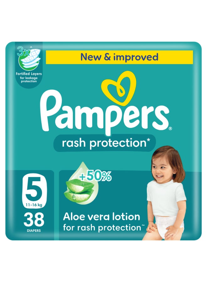 بامبرز حفاضات بابي دراي مقاس 5 لوزن من 11 إلى 16 كجم 38 قطعة العبوة الجامبو بلمسةٍ من كريم مرطب بمستخلص نبات الصبار وحمايةٍ متكاملة - Image 1