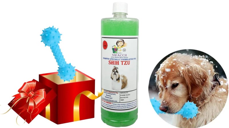 swacch Shih Tzu Dog Shampoo + Dumbbell Toy I Durable Rubber Dog Toy for Chewing I Playing,Teeth Cleaning & Training Toy I Combo Pack I 1 Litre Neem Alovera - Image 1