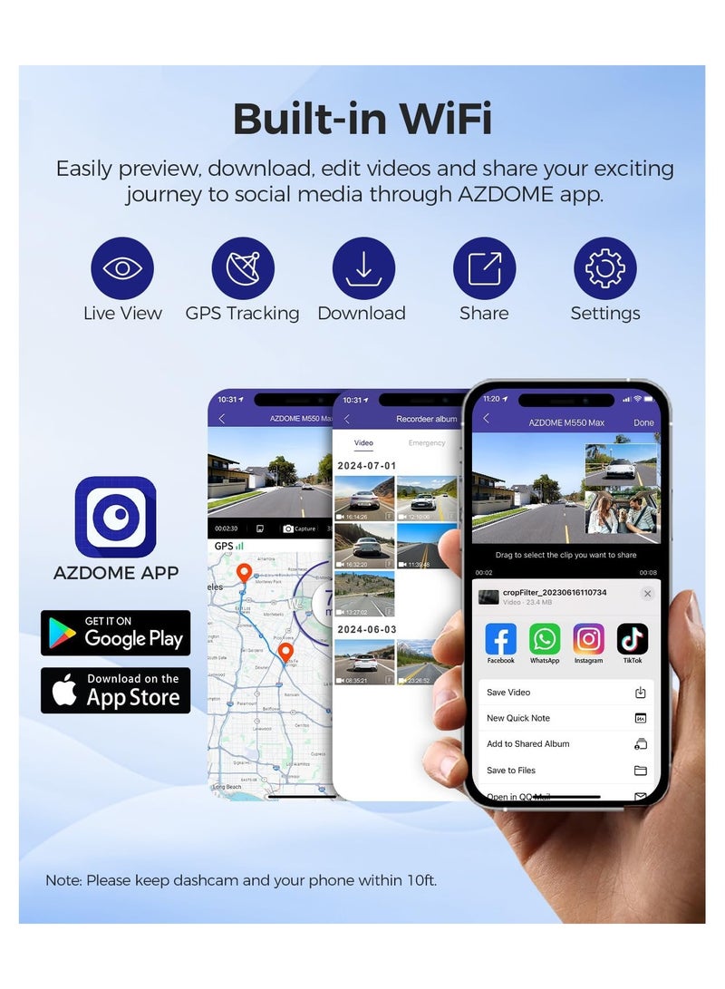 AZDOME 4K Dash Cam M550 Max 3 Channel Dash Cam Car Camera, Dual STARVIS Sensors, 4K+2.5K+1080P Front and Rear  Triple Car Camera, Built-in WiFi GPS, 64GB Card Included, IR Night Vision, WDR, 24H Parking Mode,Dash Cam For Cars - Image 5
