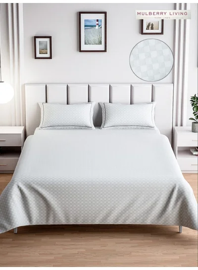 MULBERRY LIVING مفرش سرير مسطح قطن 100% مقاس كوين 300TC بنقشة شبكية حضرية مع غطاءي وسادة - أبيض
