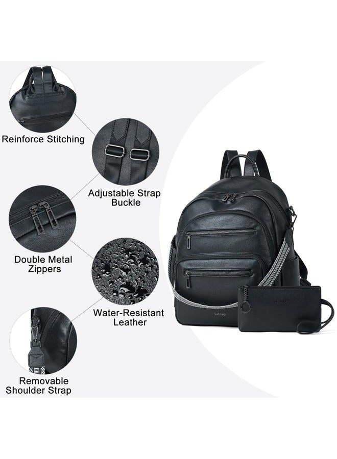 LATMAP Backpack Purse for Women Fashion Womens Backpack Shoulder Bag Leather Travel Backpack Daypack Handbag Ladies,2pcs Sets, Black - Image 5