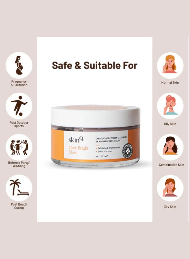 SkinQ Glow Bright Mask 60Gm  With Vitamin C & Niacinamide; Fights Pigmentation Tan Dead Cells & Dark Spots; Facial Clay Mask- Unisex -Instant Glow in 15 Minutes -From Authorised Dealer In UAE - Image 3