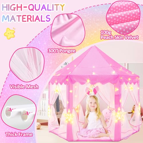 EVOIONOS Princess Tent for Girls Castle Tent for Girls Princess Castle Play Tent with Large Star Lights Kids Tent Indoor Playhouse Pink Girls Tent 55 x 53 inches - Image 5