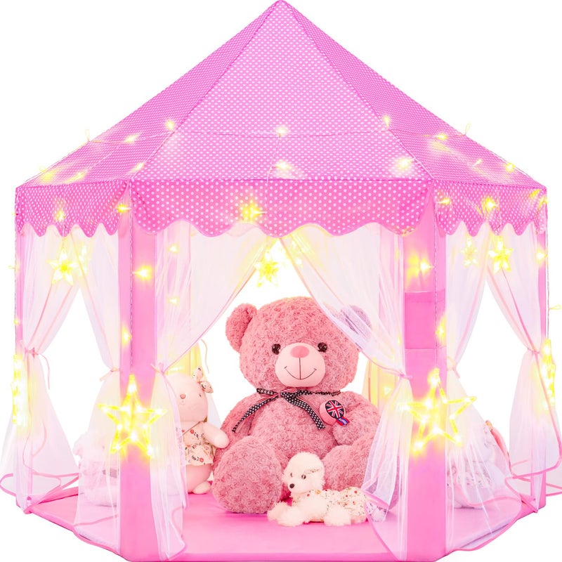 EVOIONOS Princess Tent for Girls Castle Tent for Girls Princess Castle Play Tent with Large Star Lights Kids Tent Indoor Playhouse Pink Girls Tent 55 x 53 inches - Image 2