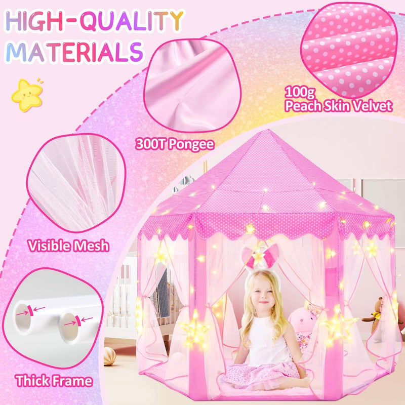 EVOIONOS Princess Tent for Girls Castle Tent for Girls Princess Castle Play Tent with Large Star Lights Kids Tent Indoor Playhouse Pink Girls Tent 55 x 53 inches - Image 3