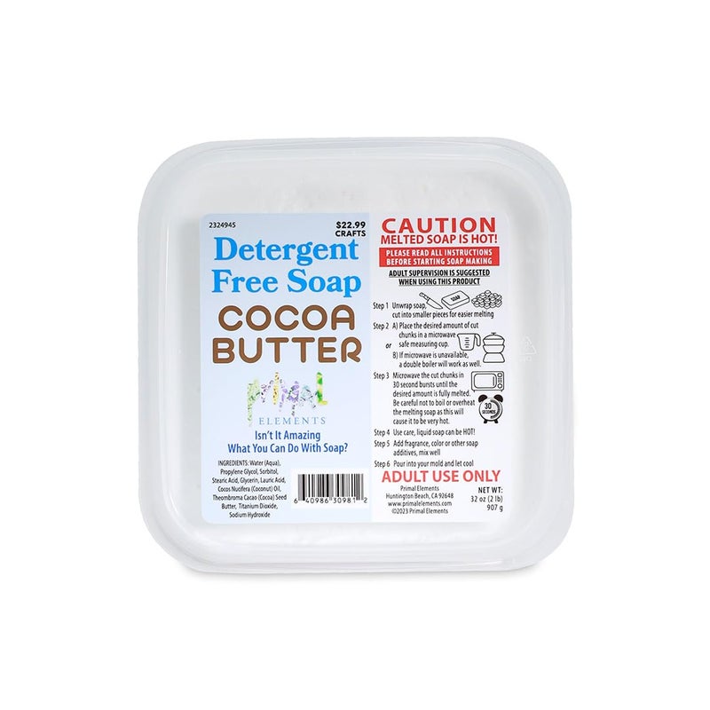 Primal Elements Detergent Free Cocoa Butter Soap Base Moisturizing Melt and Pour Glycerin SoapBase for Crafting and Soap Making Vegan Cruelty Free Easy to Cut 2 Pound - Image 1