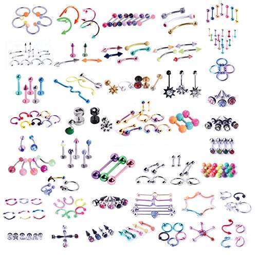 BodyJ4You 120PC Body Piercing Random Jewelry Kit - CBR BCR Rings Barbells Studs Screws Curved Bars - Belly Button Cartilage Tragus Nose Septum Tongue - 14G 16G 18G Steel Bulk Mix - Image 1
