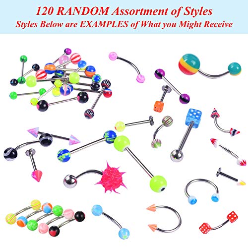 BodyJ4You 120PC Body Piercing Random Jewelry Kit - CBR BCR Rings Barbells Studs Screws Curved Bars - Belly Button Cartilage Tragus Nose Septum Tongue - 14G 16G 18G Steel Bulk Mix - Image 3